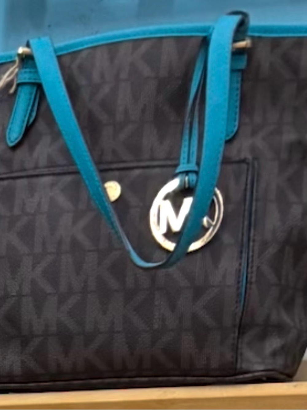 Michael Kors Black MK Logo Tote with Teal Accents